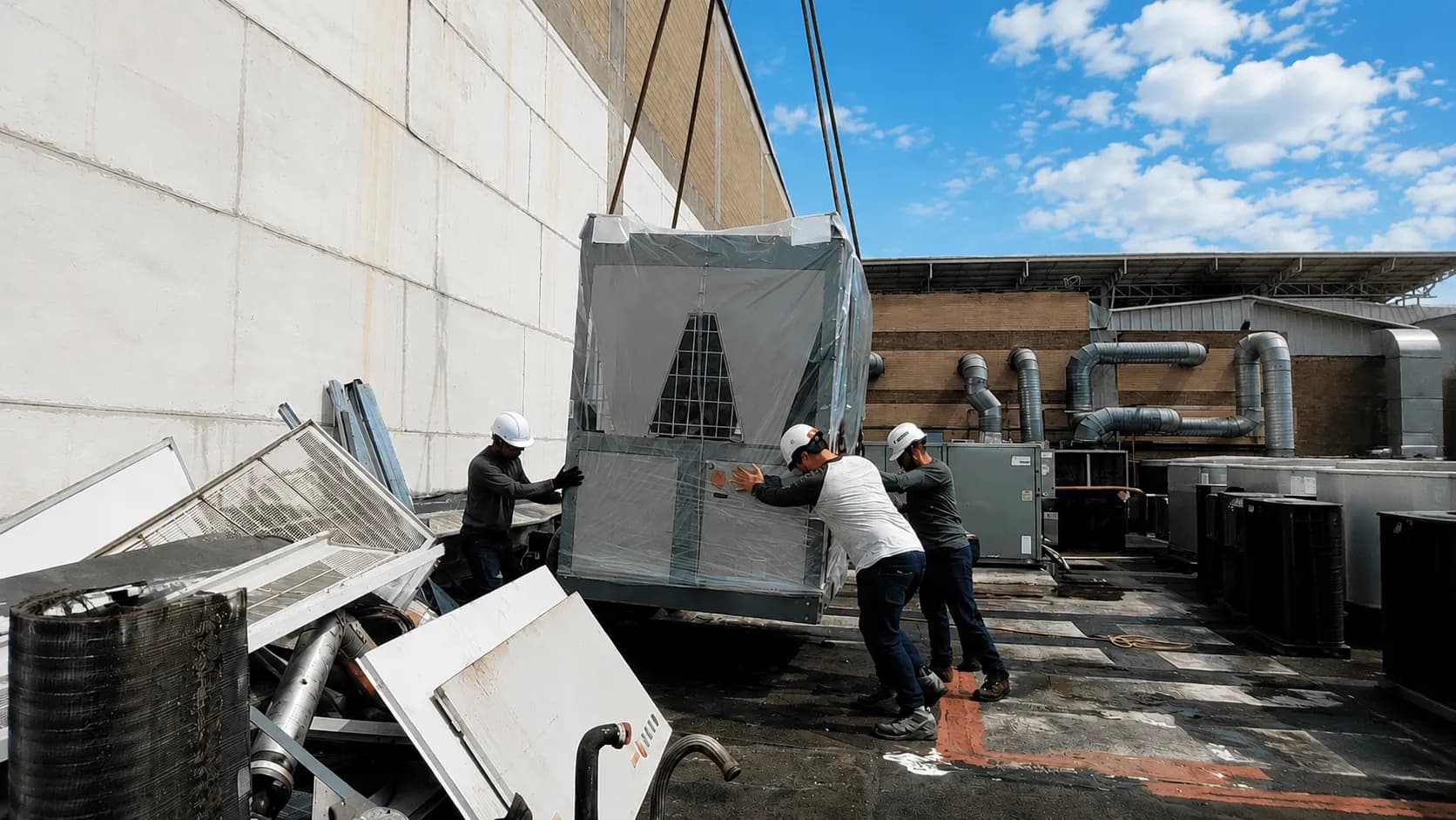 Equipo técnico de SI&S en campo revisando un sistema de climatización