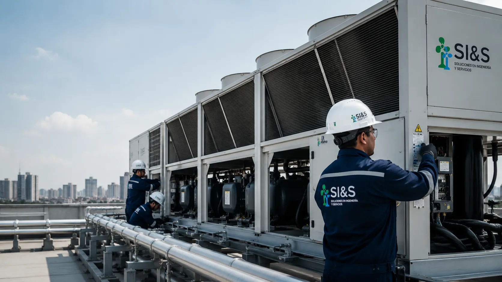 Técnicos de SI&S realizando mantenimiento a enfriadores de agua (chillers) en la azotea de un edificio